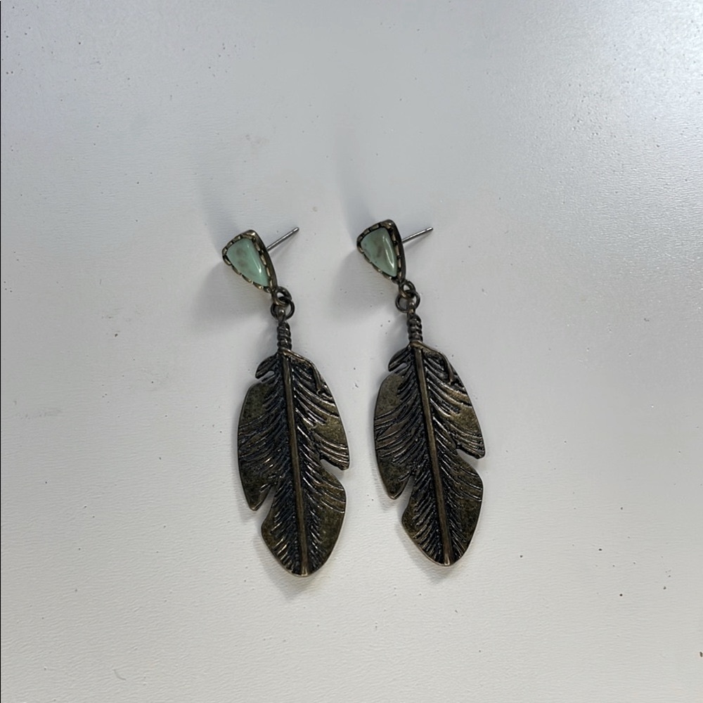 Antique Bronze Feather Earrings with Green Accents